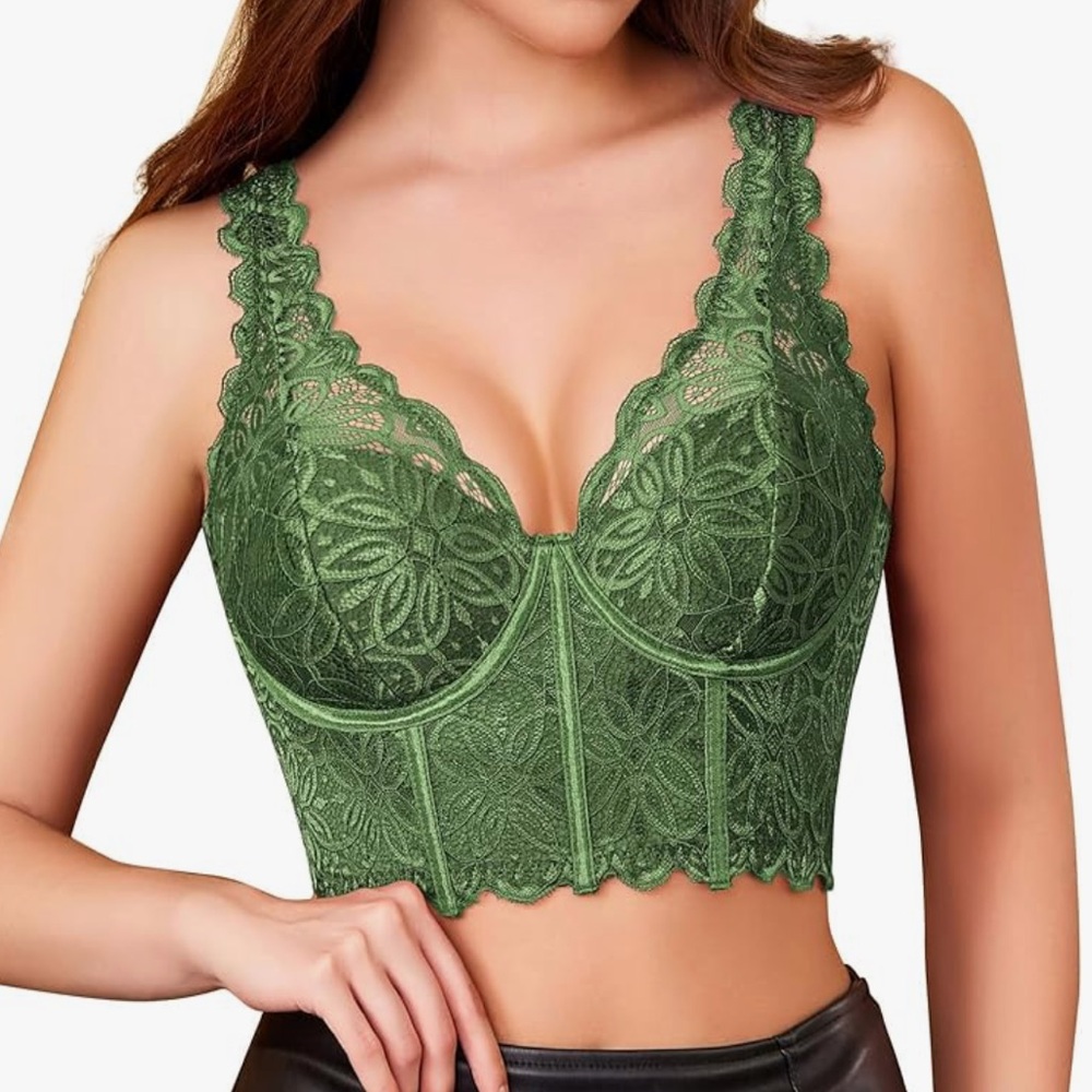 Fairycore Lace V Neck Push Up Bustier with Buckle Bralette in Olive Green